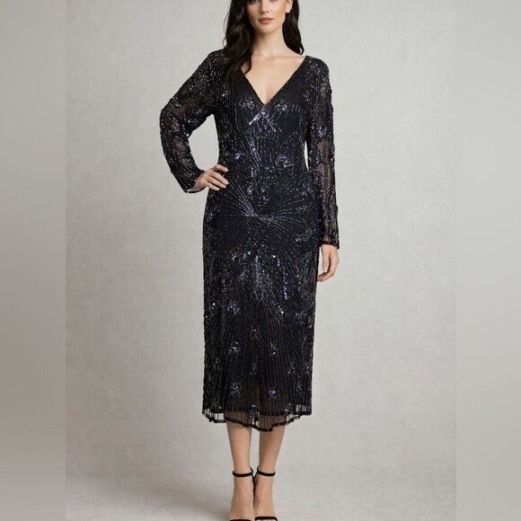 Dresses & Skirts - Vintage Beaded Pure Silk Black Evening Dress Art Deco Sequin Midi Size M